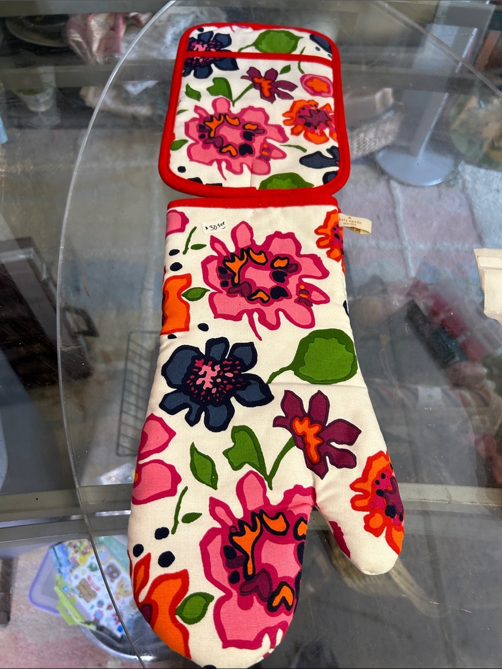 kate spade Floral Quilted Oven Mitt in White with Pink, Orange, Green and Navy